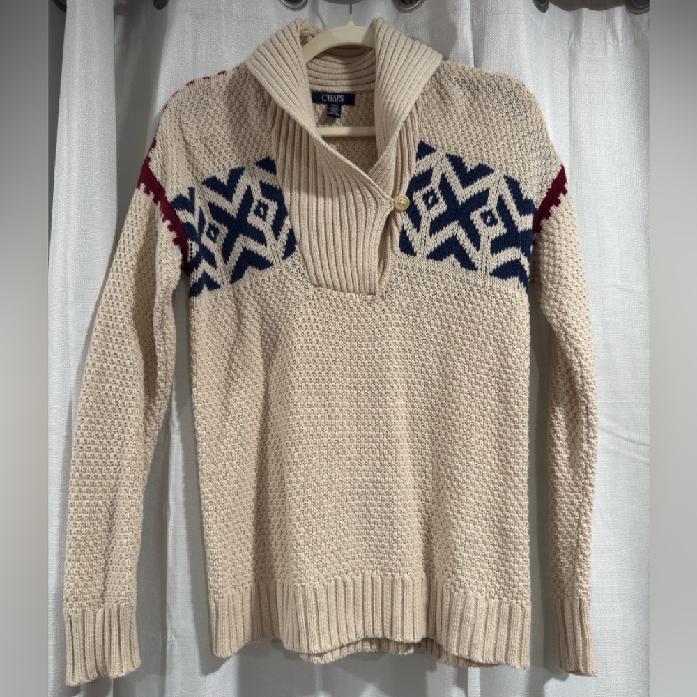 Chaps Denim Womens Medium Shawl Collar Chunky Knit Geometric Sweater‎ Cream Navy